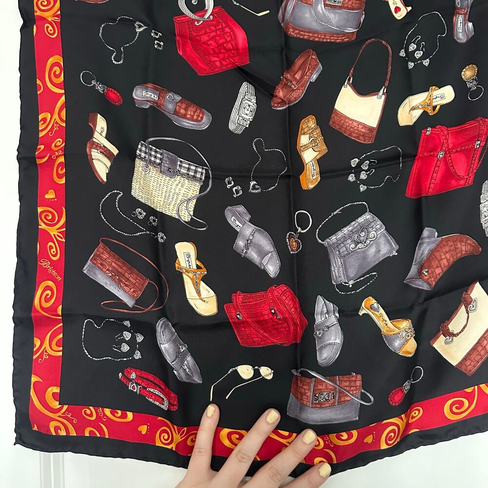 Brighton Vintage 100% Silk Black/Red Bags Shoes Accessories Shopping Motif Scarf - Picture 6 of 7